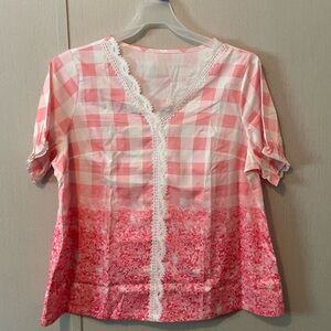 Pink and White Checkered Women's Top with Lace